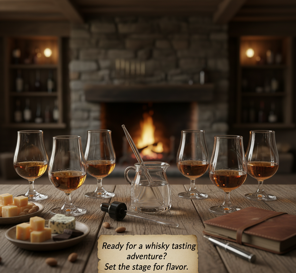 Beautifully arranged whisky tasting setup with glasses, water, and snacks